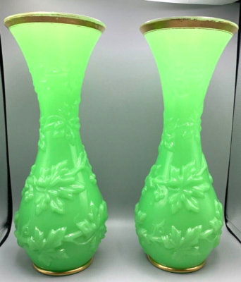 BACCARAT URANIUM GLASS VASES UV GLOW GREEN OPALINE GILT ART