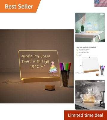 Light Up Clear Dry Drase Board 13 x 9 inch with 5 Markers, Acrylic Lighting M...