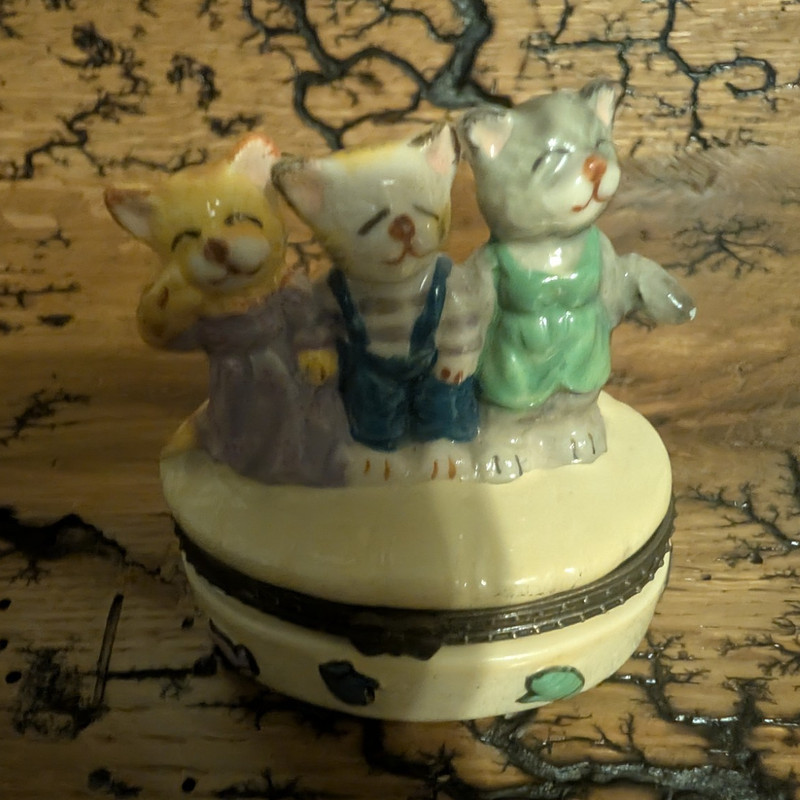 Porcelain Cat Trinket Box w/ Hinged Lid, Kittens That Lost Their Mittens