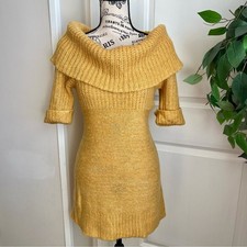Mandee Acrylic Knit Short Sleeve Off Shoulder Sweater Dress Yellow Sz M