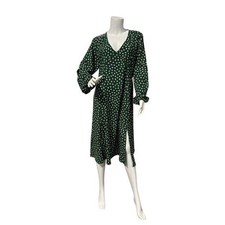 Green Floral V-Neck Midi Dress Long Sleeve Side Slit Casual A-Line Large