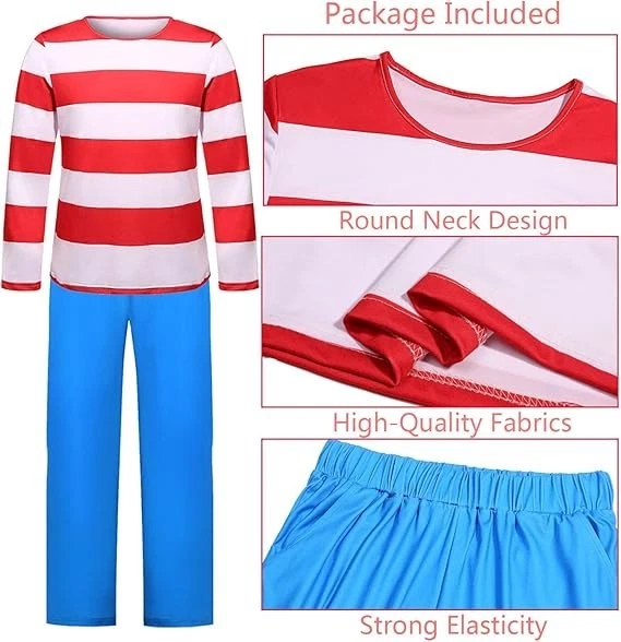 Where’s Waldo Estilo Disfraz Hombres Rojo Blanco Rayas Camisa Pantalones Gafas Sombrero (L) Foto 3 de 3