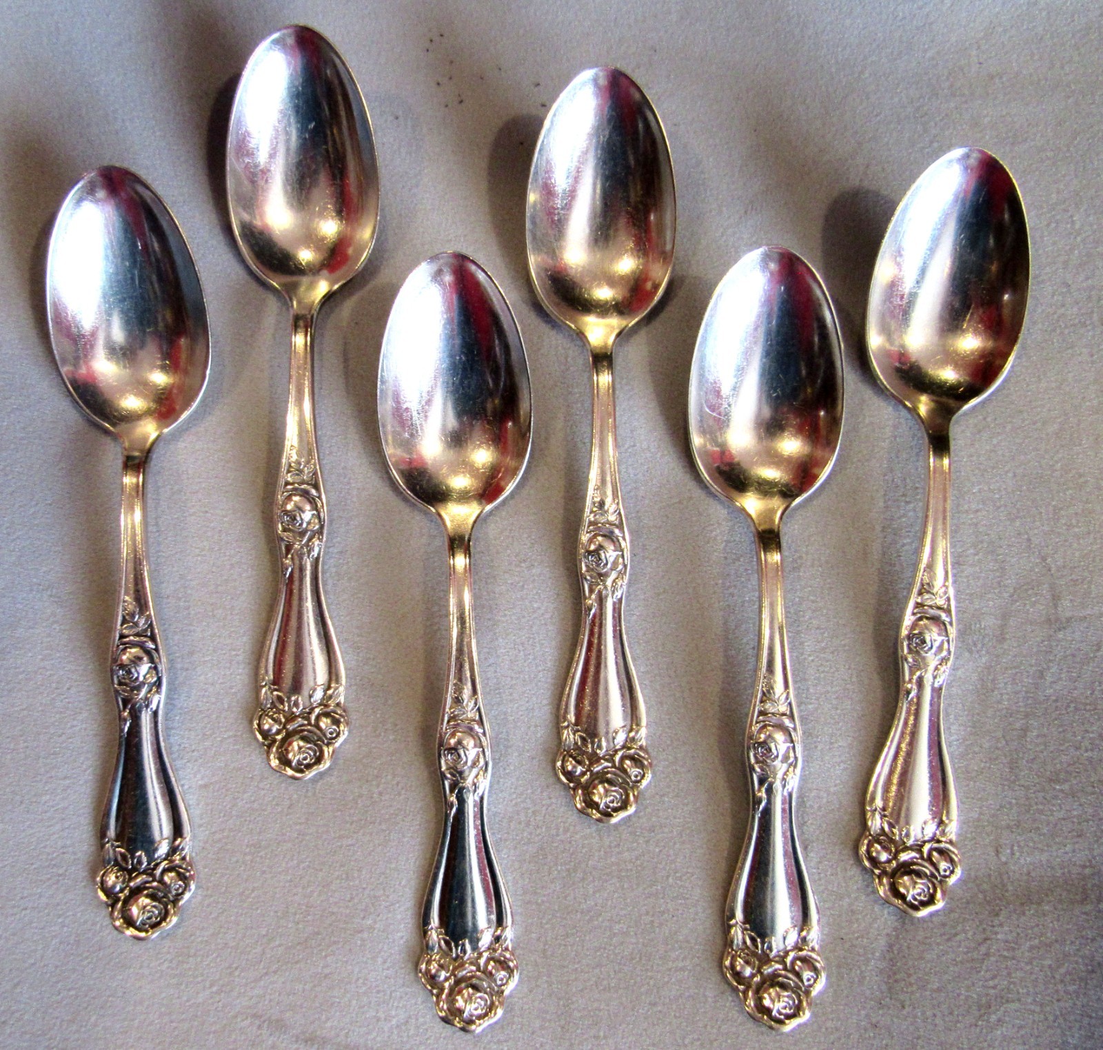 Holmes & Edwards AMERICAN BEAUTY ROSE 6 'Inlaid Silver' Teaspoons~6"