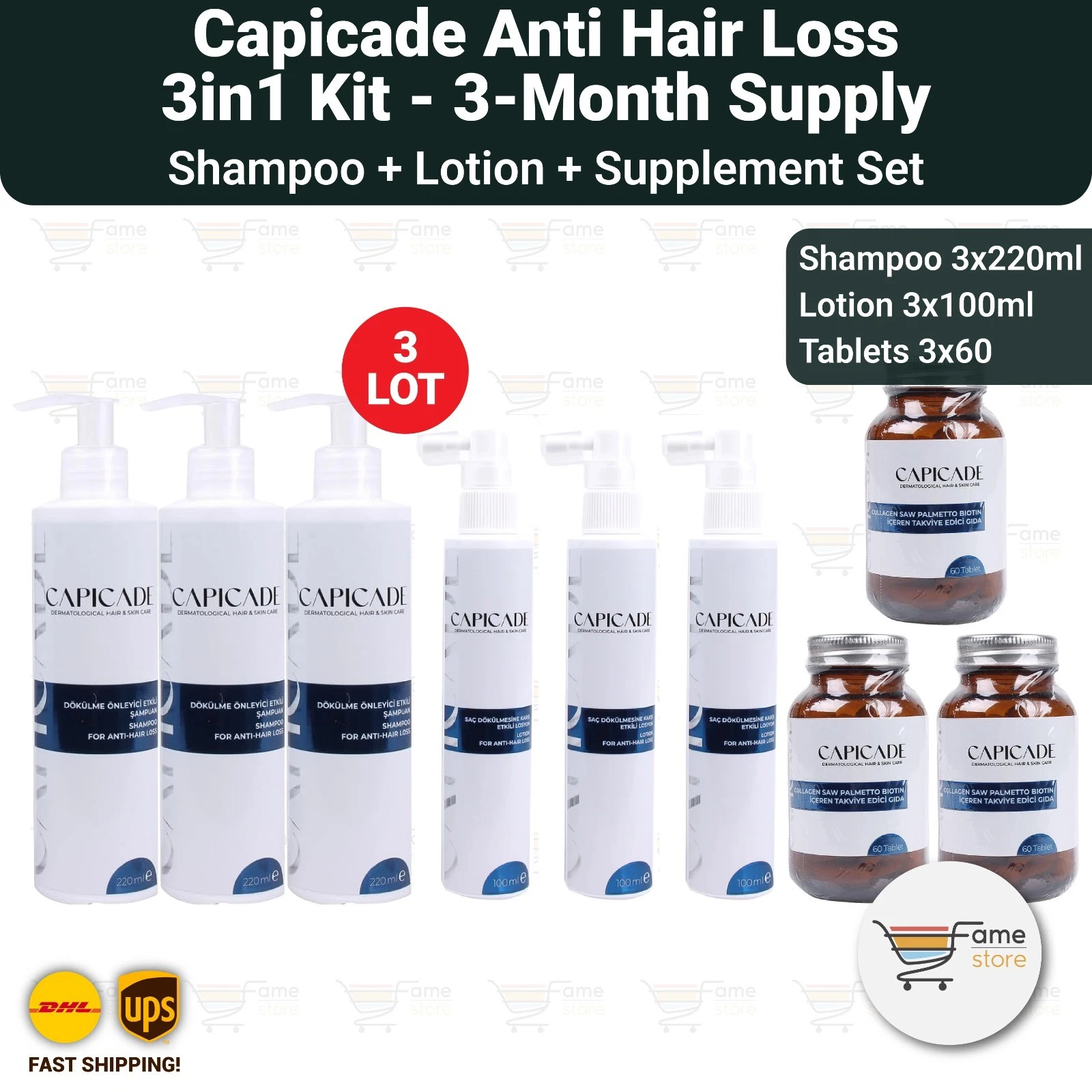 Capicade Anti Hair Loss Set Shampoo Lotion Collagen Biotin 3in1 Kit - 3 LOT