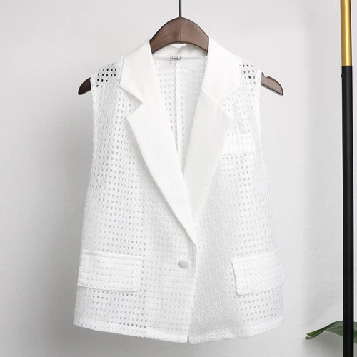 Lady Hollow Out Mesh Gilet Vest Loose Lapel Sleeveless Waistcoat Jacket Tops - Foto 6 di 17