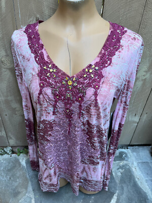 AWAKE Pink Maroon w/ Embroidered Embellish Trim Long Sleeve Tunic Top  Women's L