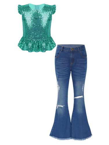 Girls 2Piece Sparkly Sequins Crop Top with Ripped Flared Jeans Pants Outfit - Picture 18 of 57