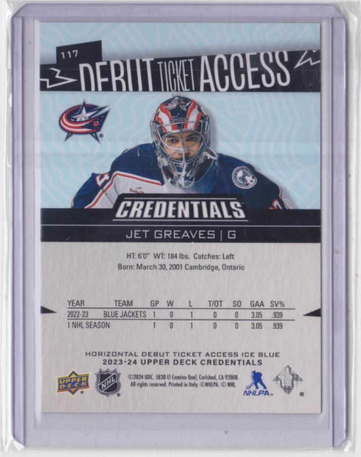 2023-24 UD CREDENTIALS ICE BLUE HORIZONTAL DEBUT TICKET /799 JET GREAVES #117 - Image 2 of 2