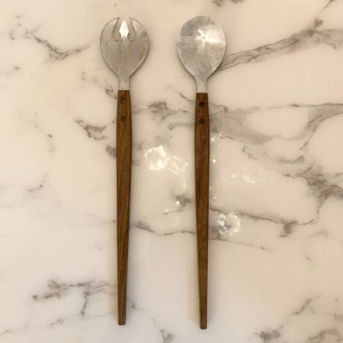 Par de utensilios MCM de acero inoxidable con mango de teca estilo danés vintage - Imagen 2 de 12