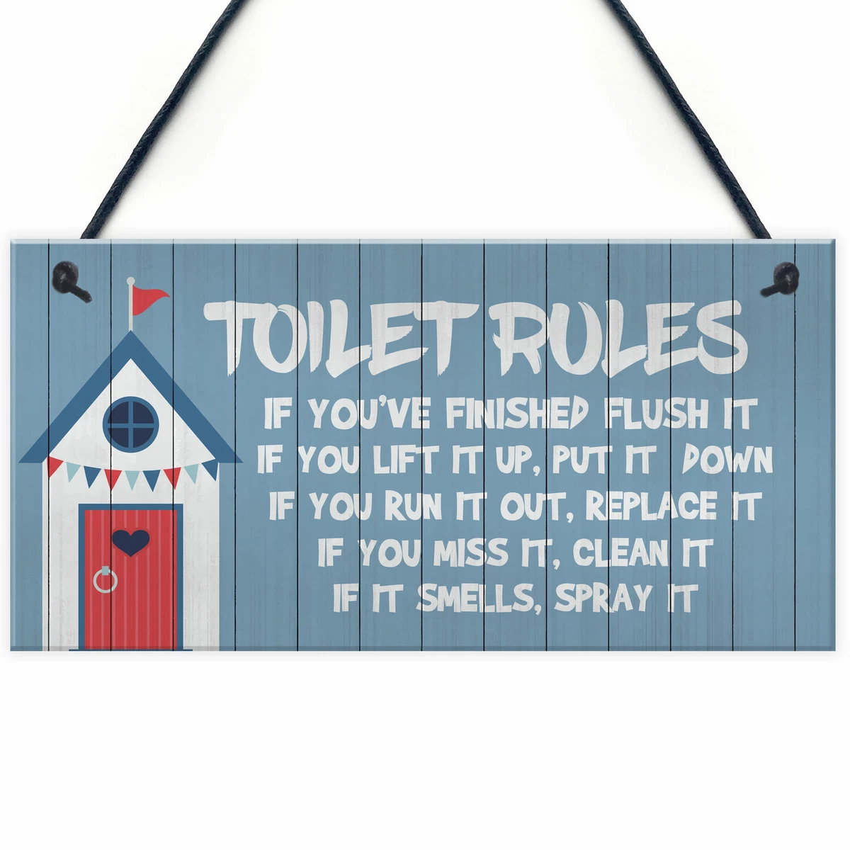 Targa In Legno Shabby Chic 'Toilet Rules' – Regole Divertenti Per Il Bagno, 18x11 Cm, Bianca