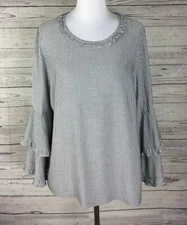 Pleione Women’s Blue White Striped Long Tiered Sleeve Ruffle Neck Top Size XL