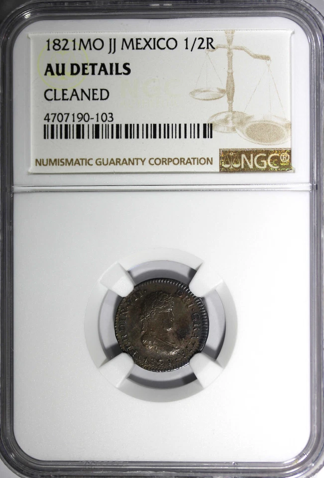 Mexico SPANISH Fernando VII Silver 1821 MO JJ 1/2 Real NGC AU DET. KM# 74 (103) - Image 2 of 4