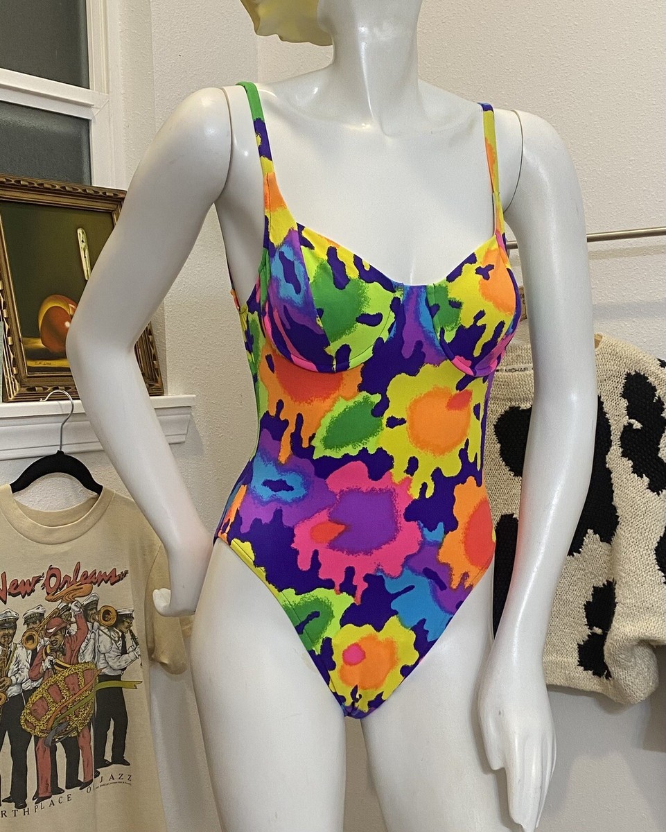 Vintage 80s One Piece Swimsuit USA Floral Neon Stretch Body-Con Hi 
