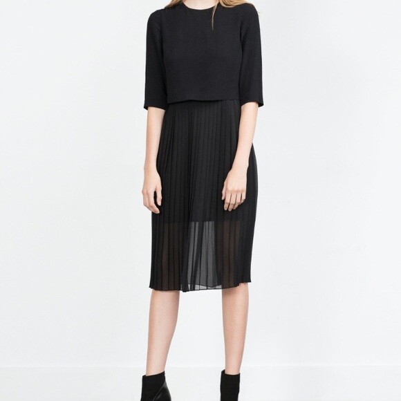 Zara Black Â¾ Sleeve Pleated Midi Dress Size M $69.90 | eBay