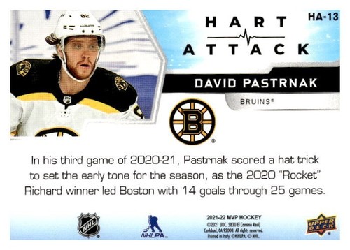 2021-22 Upper Deck MVP Hart Attack David Pastrnak #HA-13 - Picture 2 of 2