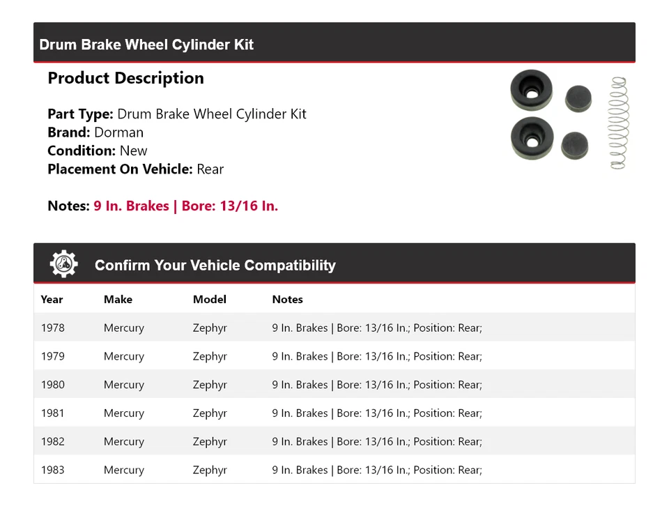 Kit de cilindro de rueda de freno de tambor trasero para Mercury Zephyr Dorman 1978-1983 1979 1980 Foto 2 de 4