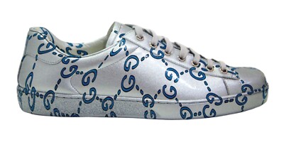 GUCCI Ace GG Silver Coated Leather Sneakers