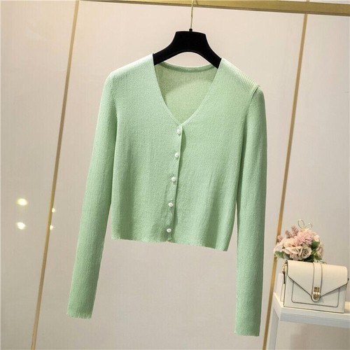 Womens Ice Silk Knit Summer Cardigan Shirt V-neck Button Short Sweater Slim Top - Bild 26 von 31