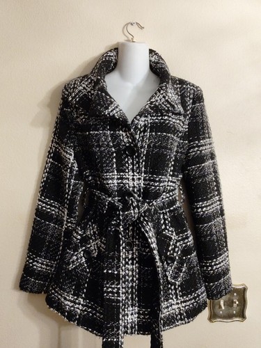 Ci Sono by Cavallini Women Double Breasted Belted Black White Trench Coat Sz L - Picture 3 of 20