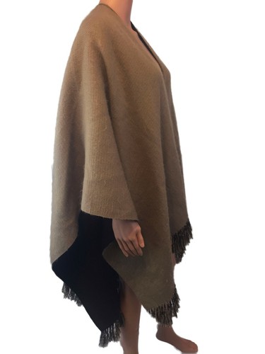 Pittsfield Woolen Yarns Size M Brown Warm Cape Poncho Shawl Reversible w/ Fringe - Picture 2 of 11