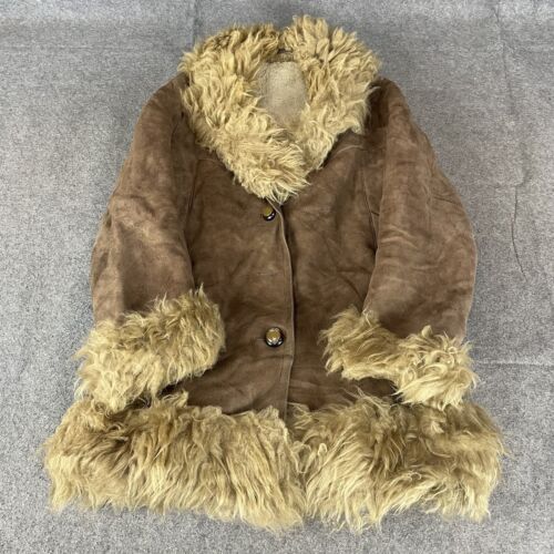 VINTAGE Sheepskin Jacket Womens Small Brown Coat Thick Leather Warm Afghan Y2K - Foto 1 di 9