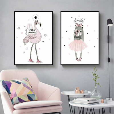 Cartoon Pink Girl Painting Canvas Poster Prints Wall Art Kids Room Nordic  Decor