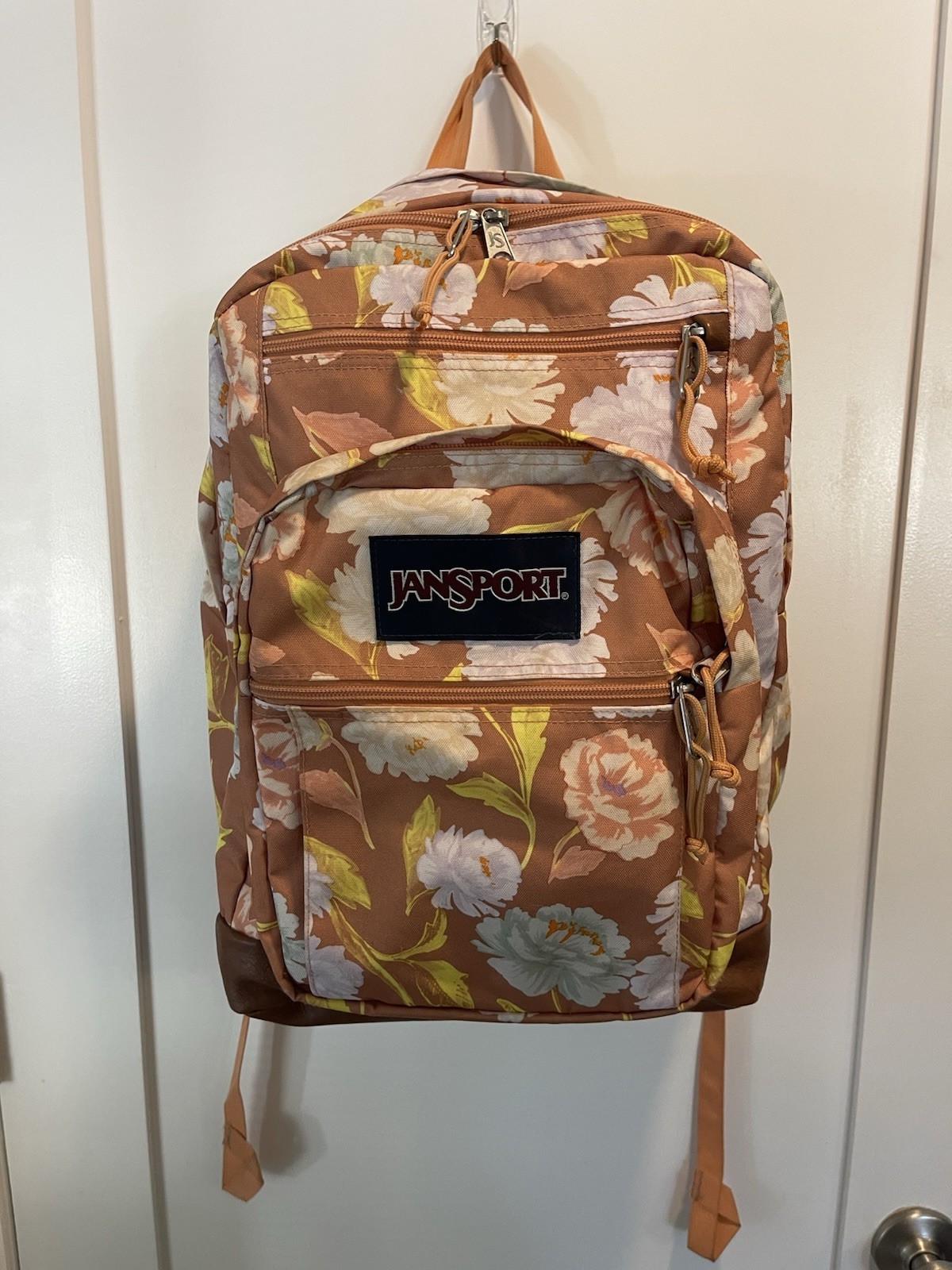 Jansport Orange Floral Backpack With Leather Bottom Laptop Compartment