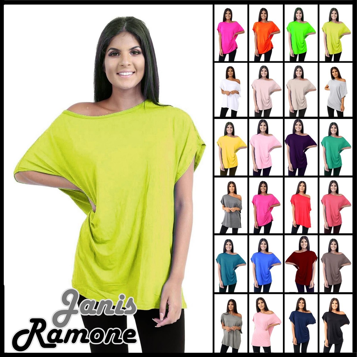 Womens Oversized T-Shirt Off Shoulder Top Plain Slash Neck