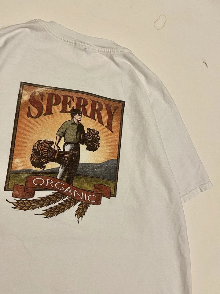 Винтажная белая футболка 90-х Sperry из органического хлопка с центральным логотипом двусторонняя большого размера - Изображение 3 из 4