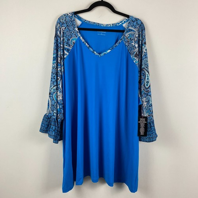 #ad Catherines Flounce Sleeve Top Size 5X Blue Paisley V Neck Stretch $19.95