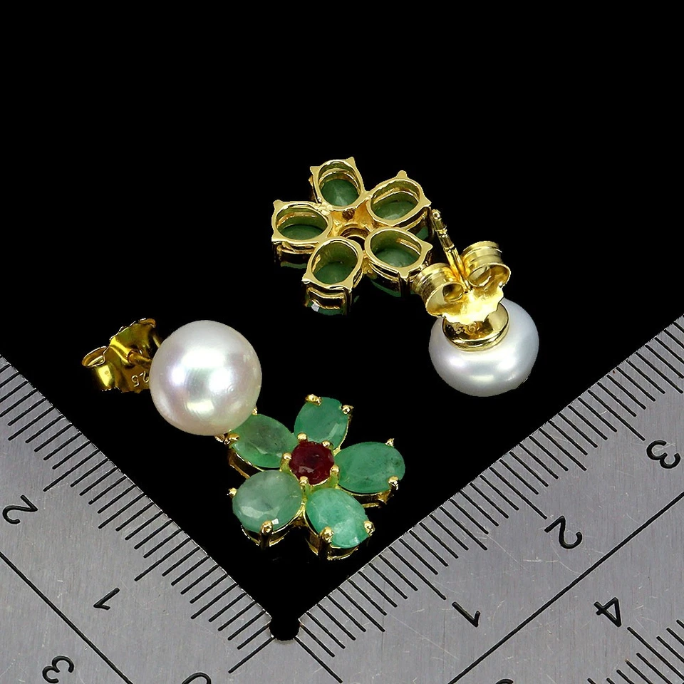 925 Sterling Silver Earrings Oval Emerald Ruby Pearl Gemstone No USA Import Fees - Image 3 of 4