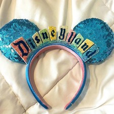 Disneyland Marquee Sign Blue Sequin Minnie Ears Disney- Parks Mickey Headband US