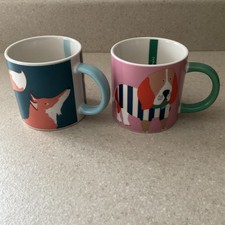 Joules Mugs X 2 Bright Eyed & Bushy Tailed Fox & A Real Catch Dog Lot Of 2