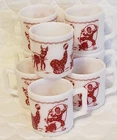 ~8~Vtg Hazel Atlas Circus Clowns, Donkey Children's Cups 1950's Milk Glass MugC