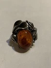 Art Nouveau Sterling Amber Ring Calla Lily Flower Leave Vintage SILVER Sz 6.5