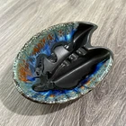 Haeger 1056 Peacock Glaze Black Blue Orange Drip Glaze Vintage Ceramic Ashtray
