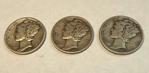 Mercury Dimes 1916-1945 90% Silver Circulated Lot Of 3