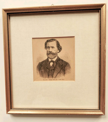 Lithografie Portrait von Giuseppe Verdi  von 1870.   9,7 x 9,5 cm / 22 x 23 cm 