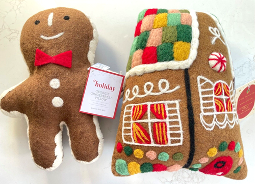 Pottery Barn Rifle Paper Co Gingerbread House & PBK Georgie Man Pillow Set NWT