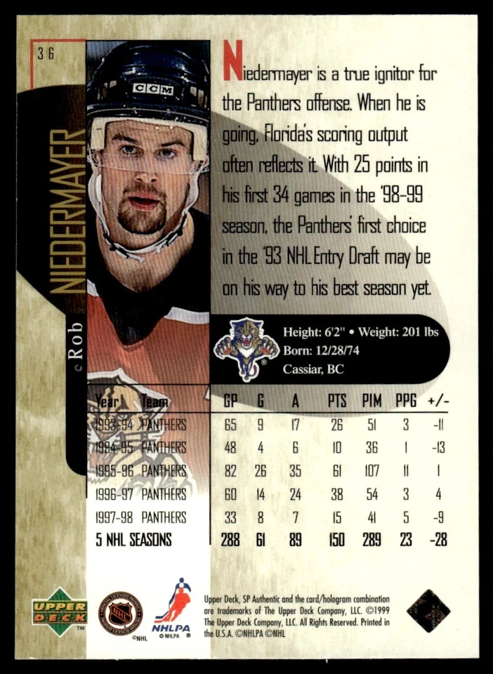 1998-99 SP AUTHENTIC POWER SHIFT Rob Niedermayer /500 Florida Panthers #36 - Image 2 of 2