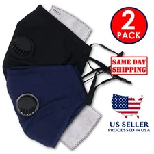 2-Pack Reusable Washable Cotton Cloth Face Mask Filter & Air Valve (Black Navy)