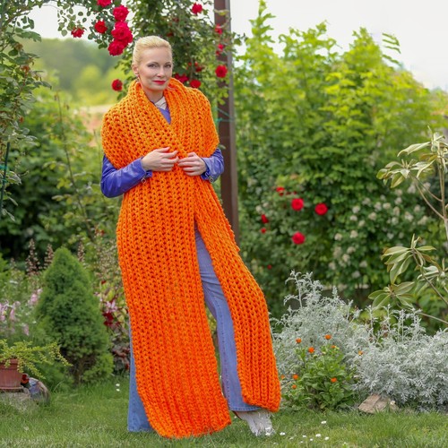 Extra long orange scarf huge handmade long shawl by SUPERTANYA - READY TO SHIP