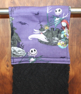 NIGHTMARE BEFORE CHRISTMAS HAND TOWEL PURPLE &  BLACK PRINT HANDMADE HANGING REV