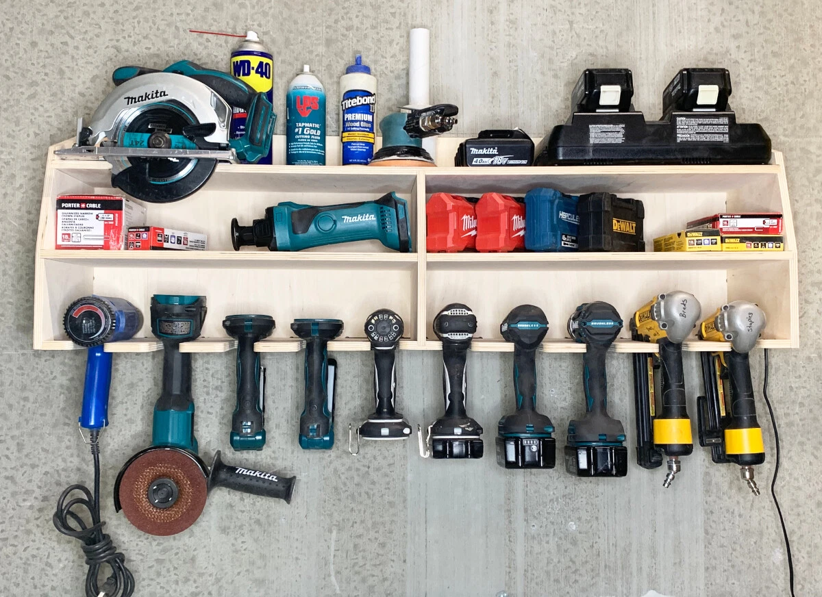 Cordless 10 Tool Holder Drill Impact Garage Storage Rack Wood