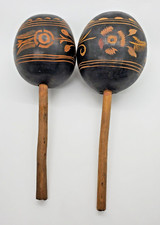 2 Vintage Mexican Carved Wooden Maracas Rumba Shakers Rattles