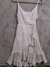 Blue Rain Women's Sz M Wrap Dress White with Small Black Polka Dots Ruffled Hem