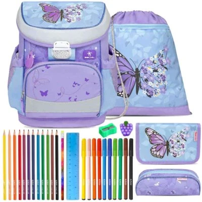 Belmil Schulranzen Set Mini Fit Purple Blue Butterfly Schmetterlinge gefüllt