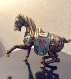 VTG Chinese Cloisonne Enamel Horse Statue Bronze Figurine - Black