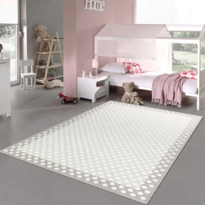 Tapis chambre enfant chambre bébé à pois doux effet 3D gris crème - Photo 1/4
