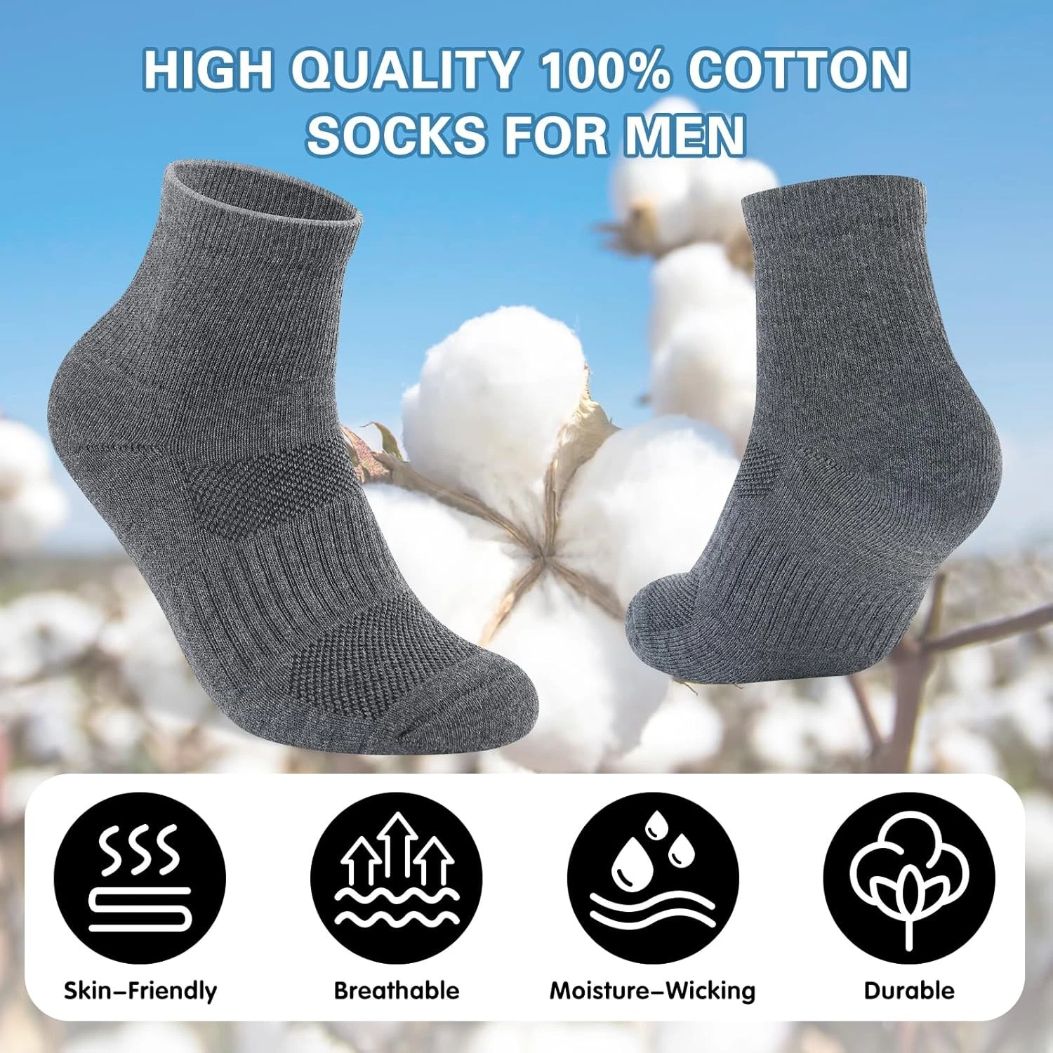 5 Pairs Mens Grey Cotton Cushioned Ankle Socks Breathable Quarter Medium-Large